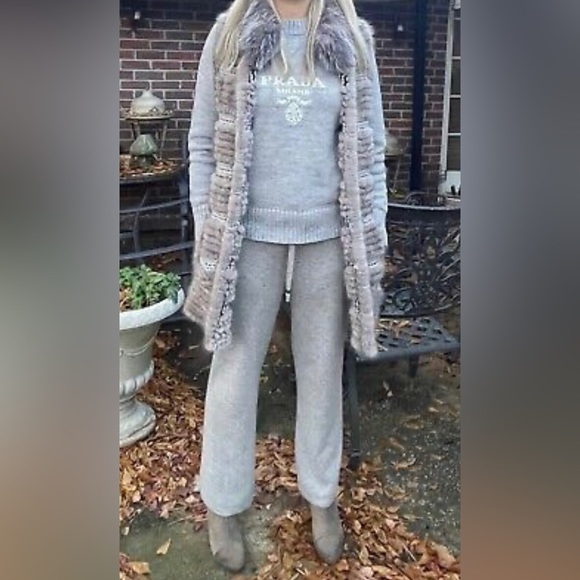 Belle Fare Chunky Knit Real Iris Mink Fur Silver Fox Collar Vest preowned - Picture 12 of 13